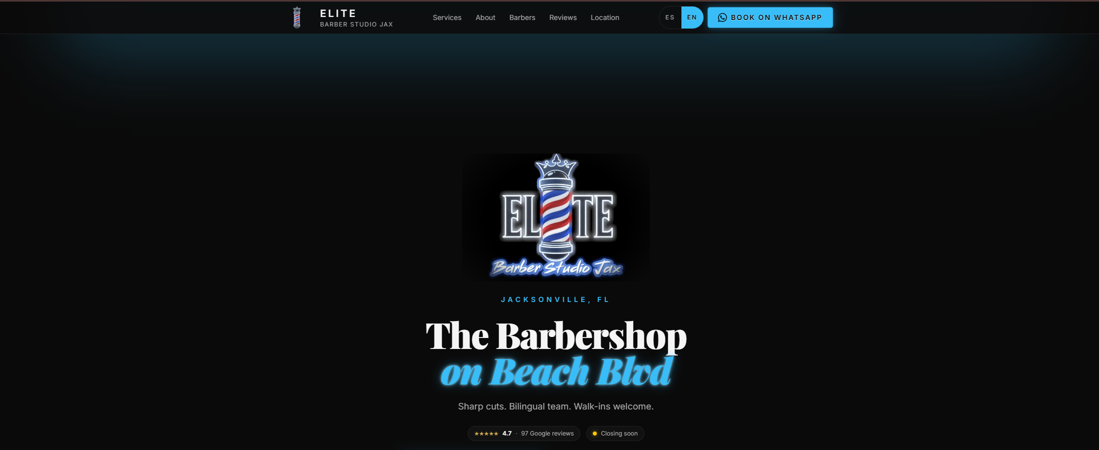 Elite Barber Studio of Jax homepage. Bilingual barber studio site on Beach Blvd, Jacksonville.